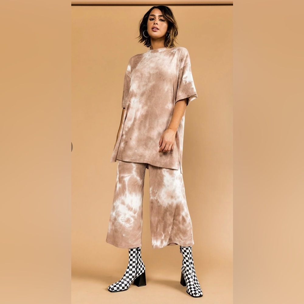 Lex Ribbed Playsuit in Iced Latte Tie Die